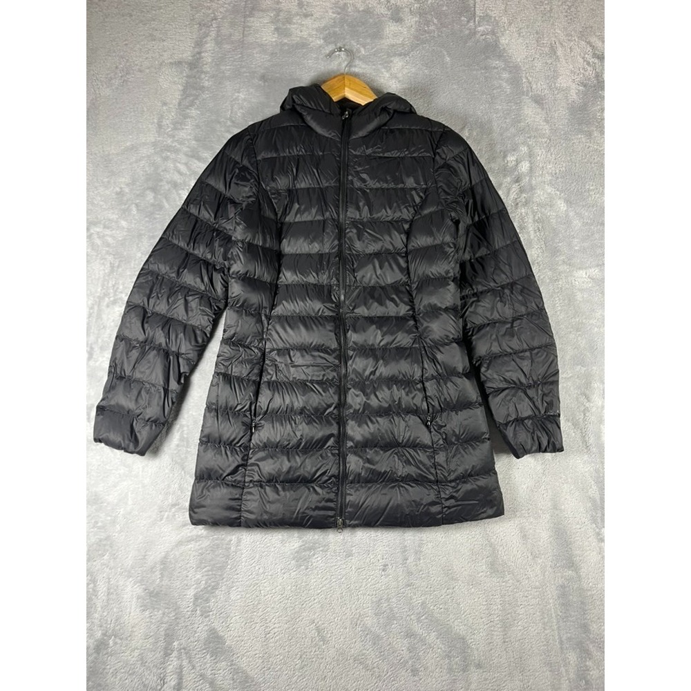 Eddie Bauer Puffer Jacket Women's Small Black Full Zip Winter Long 650 Down A7*